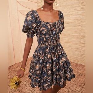Ulla Johnson Juniper Floral Dress Twilight Blue Puff Sleeves Milkmaid Mini SZ 4